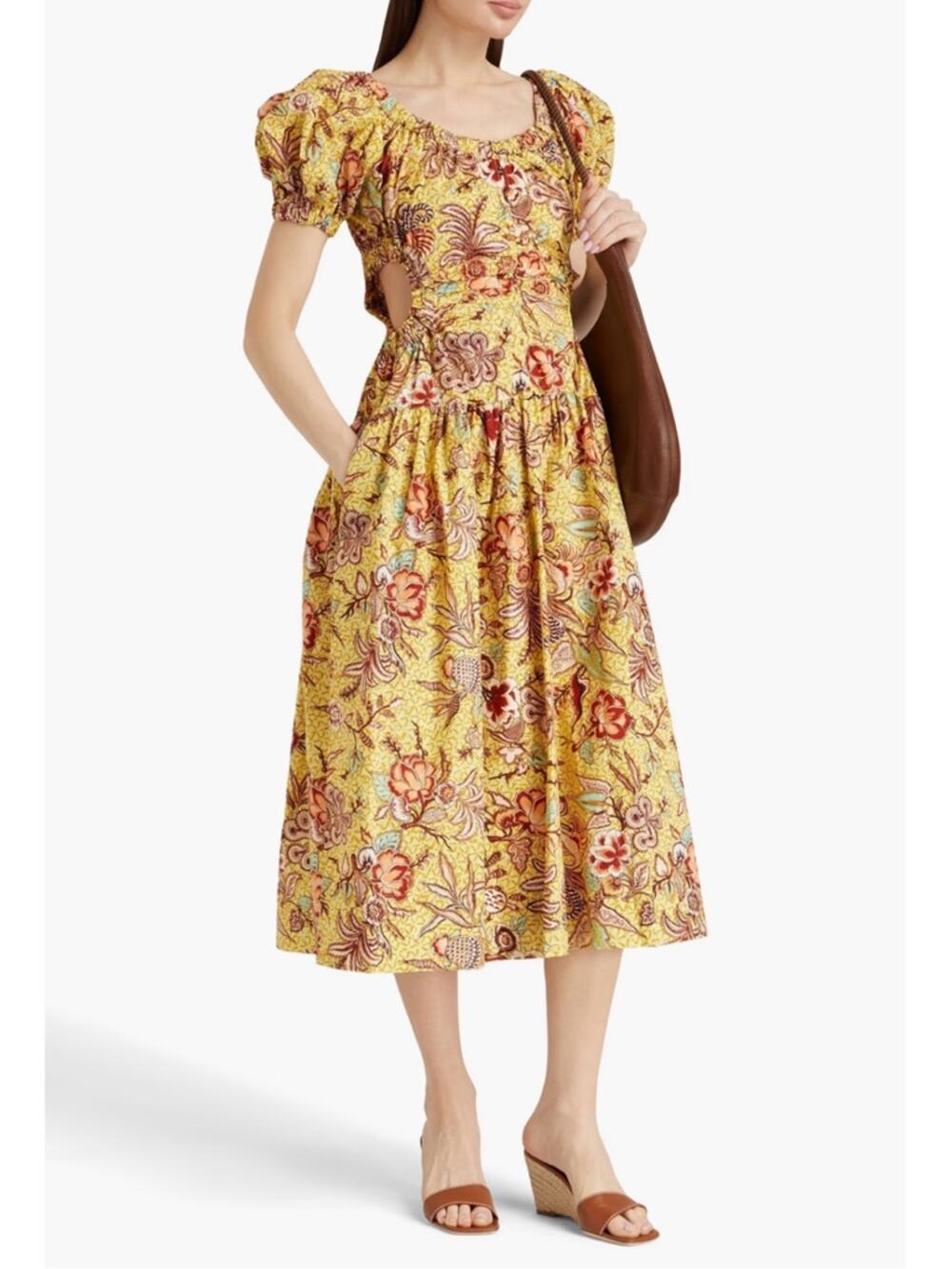 NWT Ulla Johnson Golda cutout printed cotton-poplin midi dress marigold sz 0
